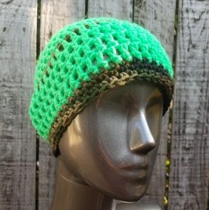 NWT Handmade Crochet Unisex Neon Green and Camo Hat Size S-L